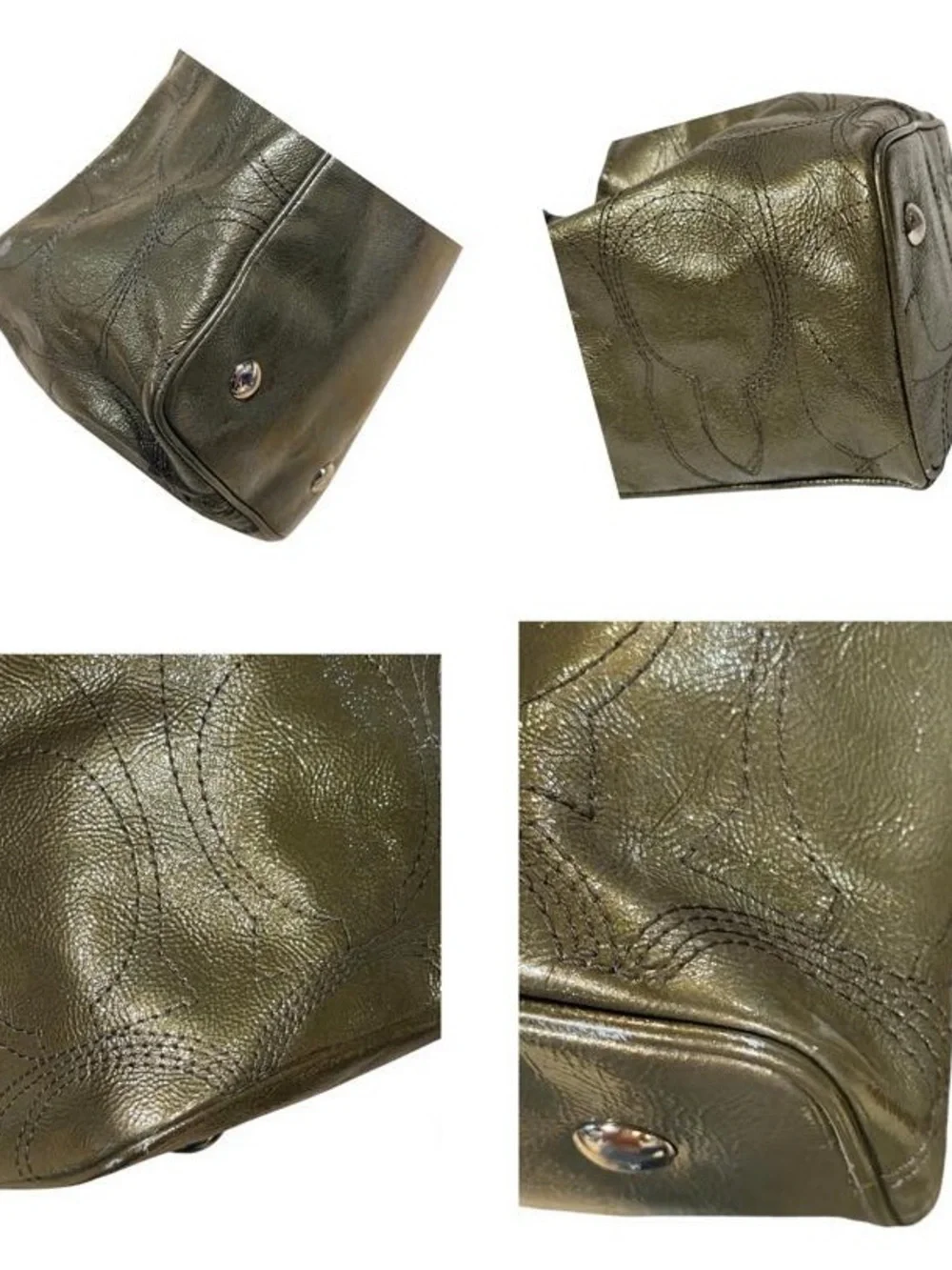 Coach Poppy Glam Tote F15658 Metallic Olive Patent Leather Kisslock Shoulder Bag